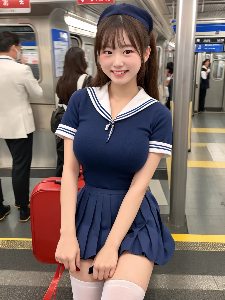 top-quality,ultra-detailliert,masterpiece,realisitic,Photo Real,Bright lighting,1 girl in, an extremely beautiful , (kawaii:1.2),Bursting smile, Black eye,A dark-haired,bobhair、,(bangss),perfect glossy skin,flawless skin,((erotick,sexy for)), large full breasts,big breasts thin waist, Look at viewers,a sailor suit,high-school uniform:1.2、shortsleeves,neck tie,sitting on,sockes、Futomo、(Loafer shoes), during daytime,On the train,