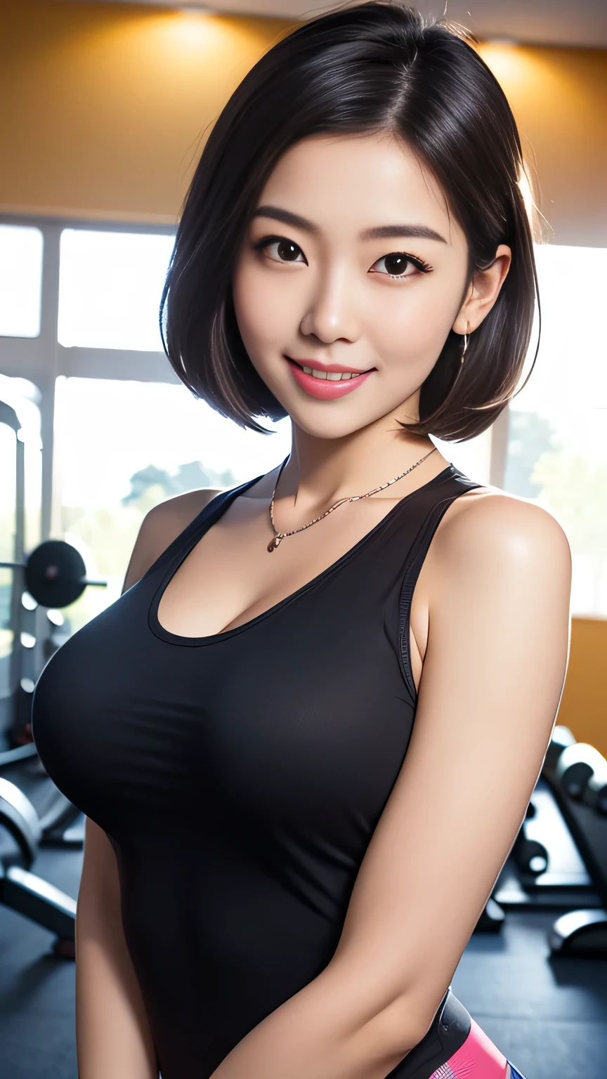 8K, Ultra-high resolution, Highest quality, masterpiece, 三分割法によるphotograph,Surreal, photograph, 1 Girl, (:1.3), pretty girl, Cute face, Beautiful eyes in every detail, 細かくdetailedに,masterpiece,, One Girl:1.2, Japan Female Announcer,upper body,sports gym,Bra Top,Sweat is dripping from my chest,Refreshing sweat,Full of sex appeal,Sensual,A carefree smile,Heal the heart,Black Hair,Short Bob,Looking at the audience、beauty,Long neck、Laugh a little、Please close your mouth and laugh、(((Ideal body type))),A cup small breasts :2,、Portraiture:2、Perfect Anatomy、鮮明なdetailed、detailed、Surreal、Light and shadow,Strong light