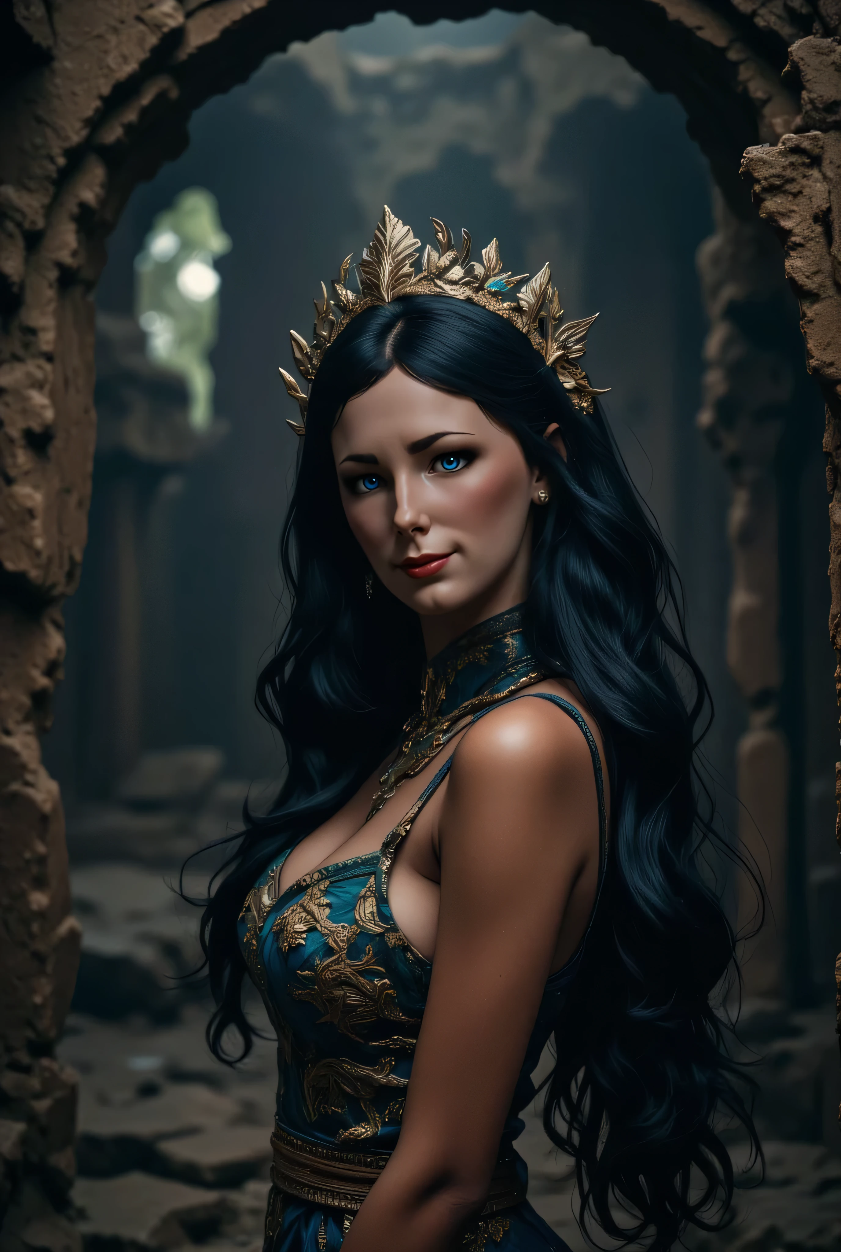 1 adult Arabic woman princess , green eyes, black hair flaps, makeups , upper body, looking at viewer, detailed background, detailed face,  OldArabAi,  ancient arabic theme,  feral jungle warrior, obsidian, ((defensive stance)), stone knife, bushes, poisonous plants, rocks,  humid climate, darkness, cinematic atmosphere,
dark chamber, dim light, (zentangle, mandala, tangle, entangle:0.5)
(35mmstyle:1.1), front, masterpiece, 1970s film, , cinematic lighting, (photorealistic:1.5), high frequency details, 35mm film, (film grain), film noise,