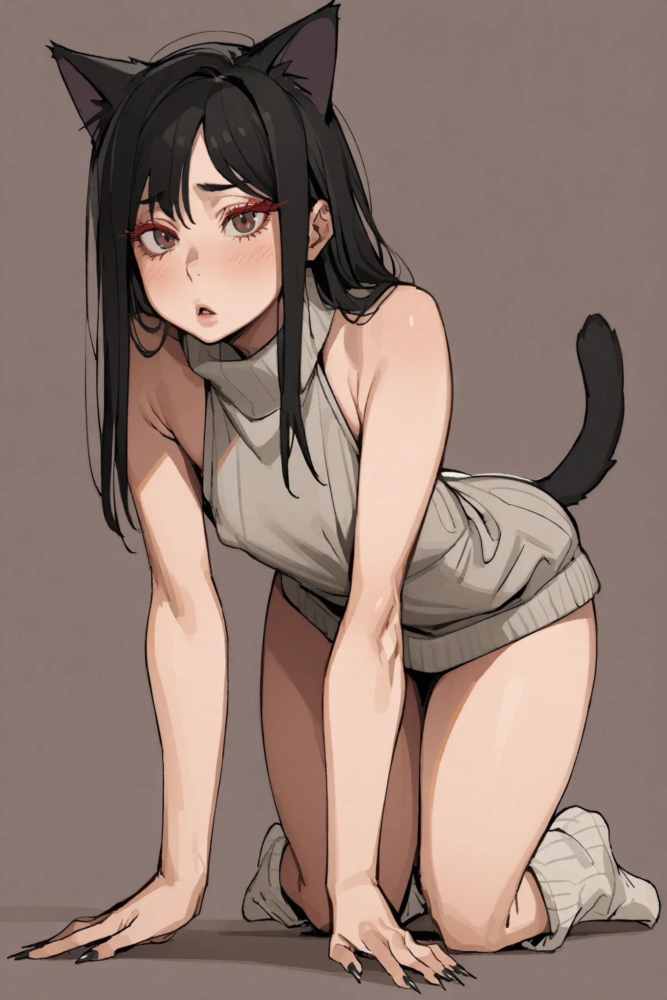 1 plumb boy, loose black hair, bowl hair, cat ears, cat tail, voluptuous, flat chest, black virgem destroyer sweater sleeveless, loose socks, red eyelashes, long nails, simple background, on all fours