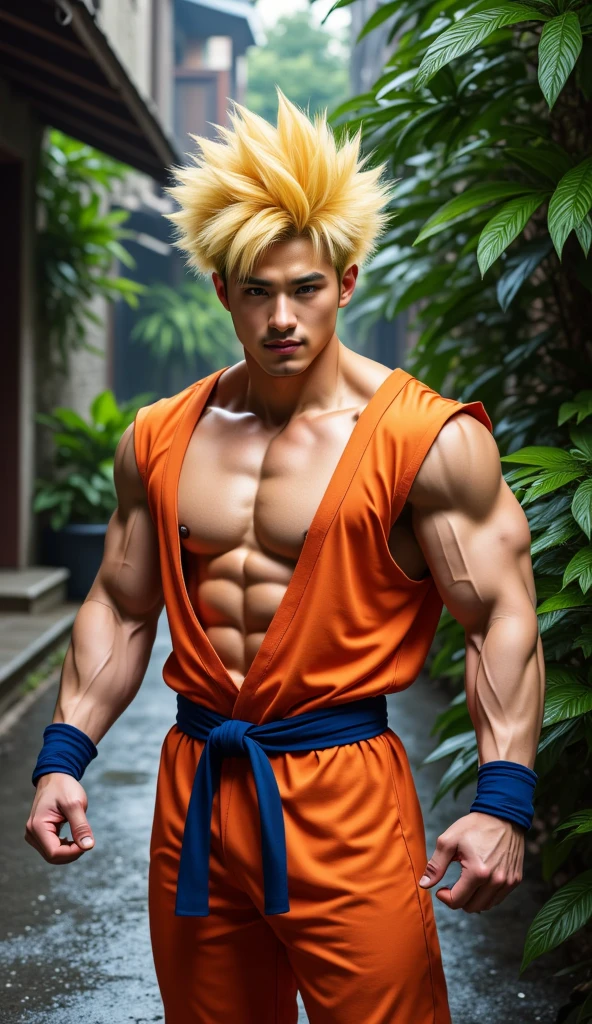 "Create a hyper-realistic 4K render of Goku in his Super Saiyan form. Focus on capturing every intricate detail, from the intensity in his eyes to the individual strands of his golden hair. Pay special attention to the anatomy, muscle definition, and the flow of his iconic orange gi. Ensure that the lighting enhances the drama of the scene, with dynamic shadows and highlights. The background should complement Goku's aura, conveying the power he possesses. This image should be of exhibition-quality, showcasing the full might of Super Saiyan Goku."