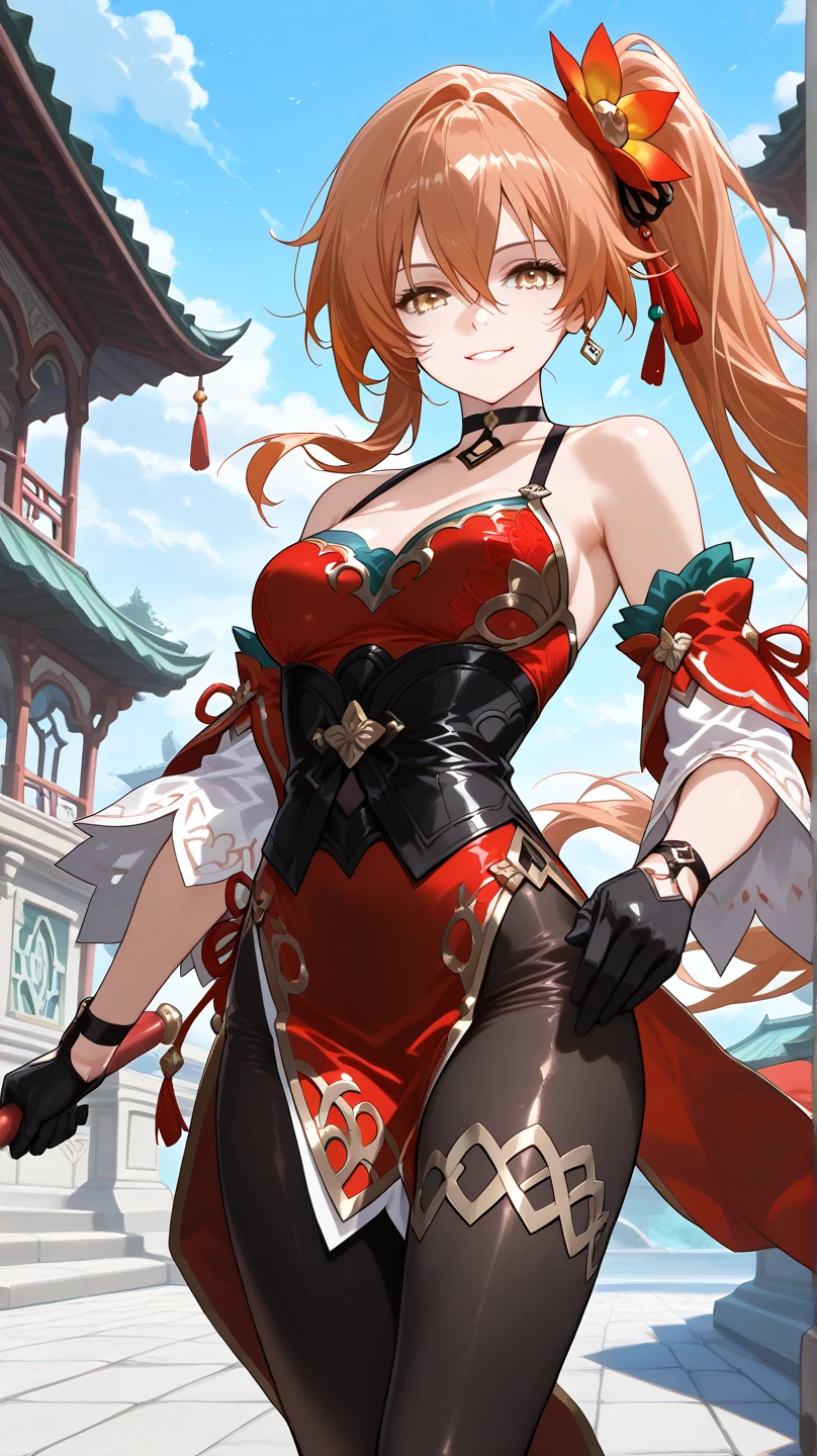 (((professional: Step by step, taking into account even the smallest detail, God-level final result, all intricate details, cowboy shot, solo 1girl view))): "1 fox girl, ruby eyes, fox ears, fox tail, high ponytail, smug, cute, short black china dress, side full body, pelvic curtain, thigh ribbon, (pumps:1), (hugging own leg:1.1), chinese style, indoors, sharp focus, looking at viewer, (intricate:1.3), red light theme, (orange tone:0.7), illustration, hair and clothes blown up by strong wind,+18, uncensored"