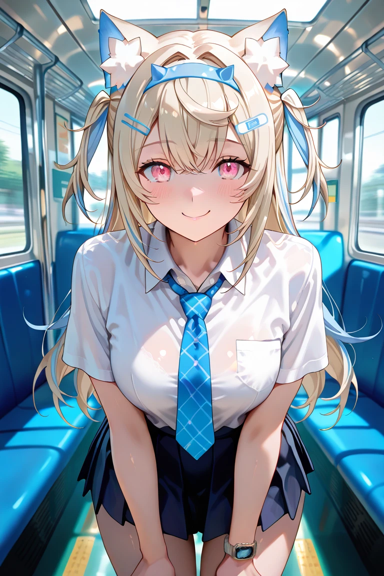 master piece, best quality, Tall, Kitagawa Navy, 1girl, blond hair, long hair, multicolored hair, red eyes, jewelry, Earrings, piercing, School uniform, white shirt, tied shirt, black choker, blue tie, Plaid skirt, sitting , Train interior,