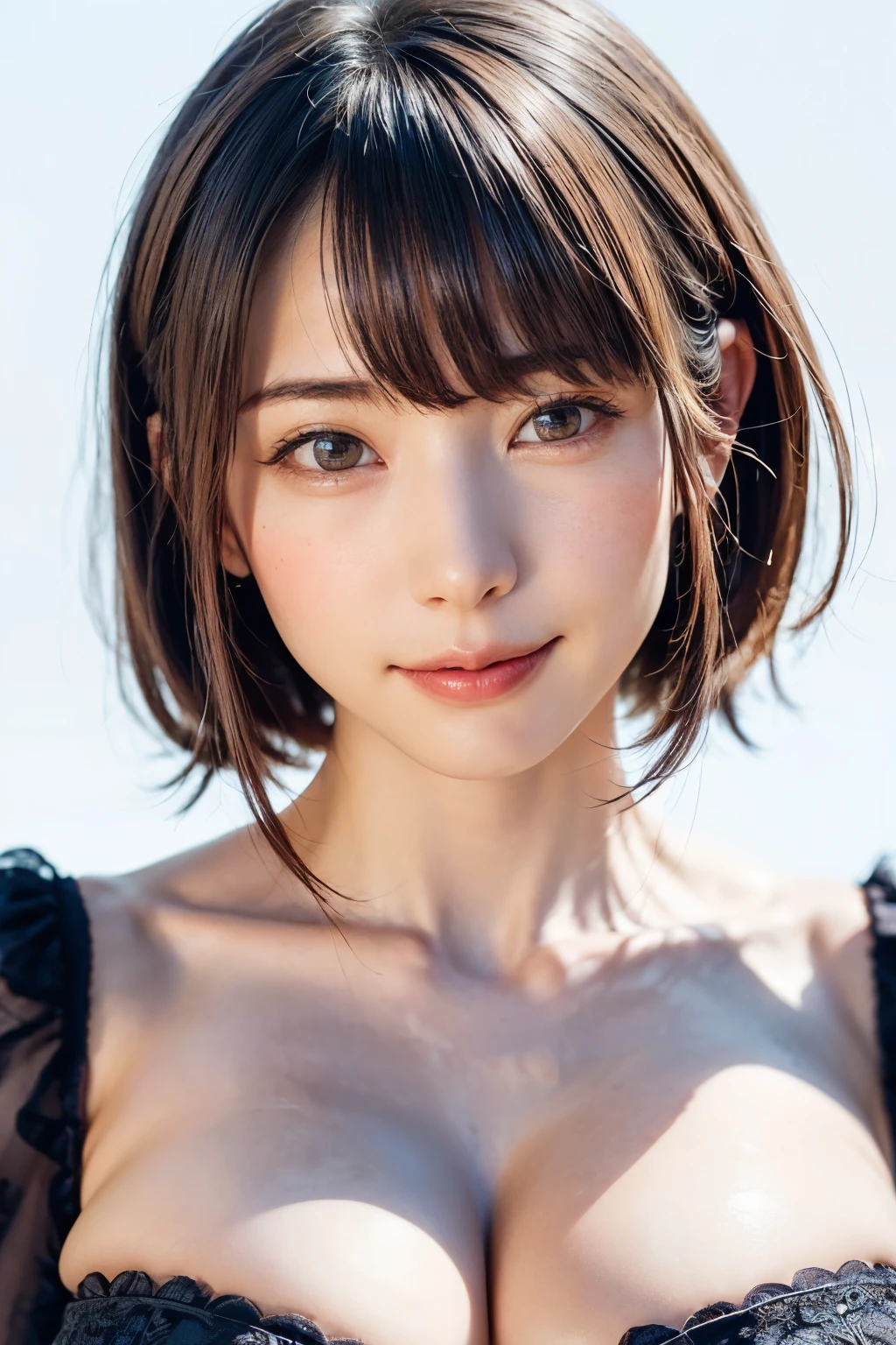 1人、top-quality、realisitic、report、depth of fields、natural soft light、during daytime、魅惑的、beauitful face、Cleanliness、Pure face、de pele branca、cute hawk hair、bangss、the beach、rays of sunshine、Nedium Breast Body Esbian、((Beautiful face with sweater golden ratio Beautiful face with symmetry))、long neck、Put your ears out、bangssのあるきれいな短いボブヘア、Smile with your mouth closed:1.4、Smile with your mouth closed:1.4、perfect hand指、perfect hand、Perfect body、face perfect、Shine a light into the eyes、Perfect Anatomy:1.4、very cute super model:1.4