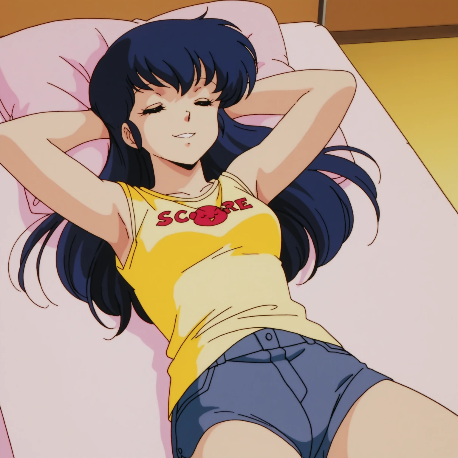 1girls, masterpiece, highest quality, disorganized, retro artstyle, 1980s \(style\)))), look viewer, (((tanktop))), (Madoka Ayukawa, long hair), (((mini skirt))), knee shot, full blush, (((white Panties))),, Take a look here, view audience, (((See here))), nsfw, (Japanese girl showing off Panties:1.1), look viewer, from below, (((a girl is lie, from the knees up))), lie on bed,