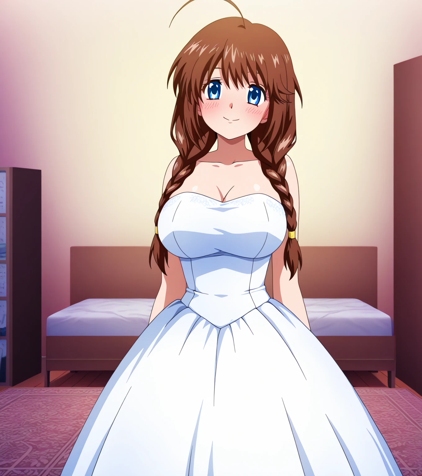 Masterpiece,best quality,Kousaka honoka, blue eyes, white wedding dress, curvy body,naked breasts, smile, wedding stage