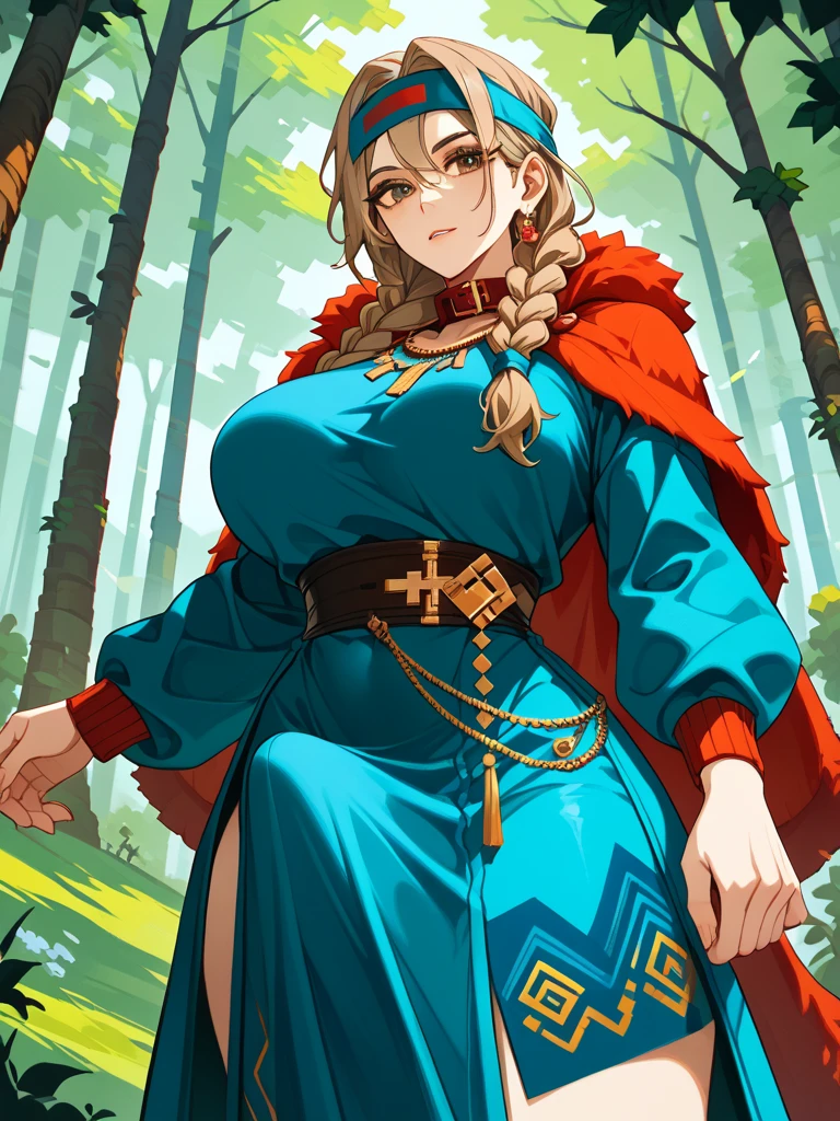 (masterpiece)、(absurdres)、(ultra detailed),Crazy Eyes、despair、Dark Side、closed mouth,Blood droplets、darkness,Blood pool space、Blood dripping background:1.3、solo woman:1.1、huge breast:0.9,french braid、yellow long hair:1.1、green eyes、hair between eyes、little pendant in sapphire:0.9、blue stripes indian costume:1.2、from below,closed mouth,cowboy shot,Bend one leg slightly、hate、
