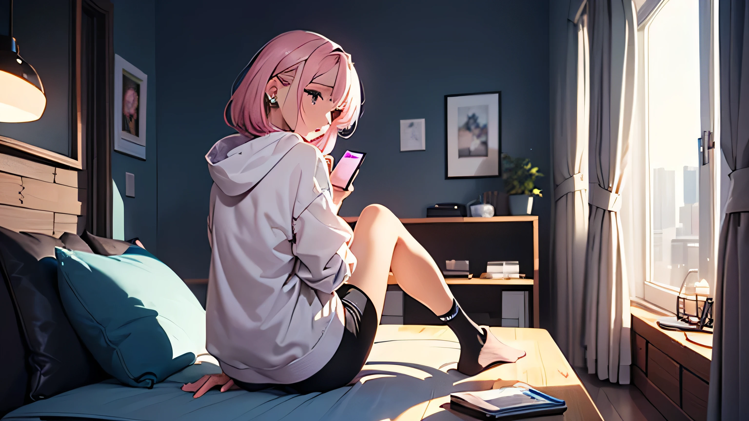 (masterpiece), Highest quality, Expressive eyes, Neon pastel aesthetics, Retro 90s, Neon color,((Girl sitting on sofa,Smoking a cigarette,Records hanging on her wall, Comic books on the floor, Looking out the window behind her at the night city, Upholstered room, Anime figures lined up on a shelf)), Wearing headphones, (All around her it sparkles), (wearing thick colorful sneakers), (blue eyes), (Soft look), (Synthwave Art Style), Colorful Hair, Desk with PC set up