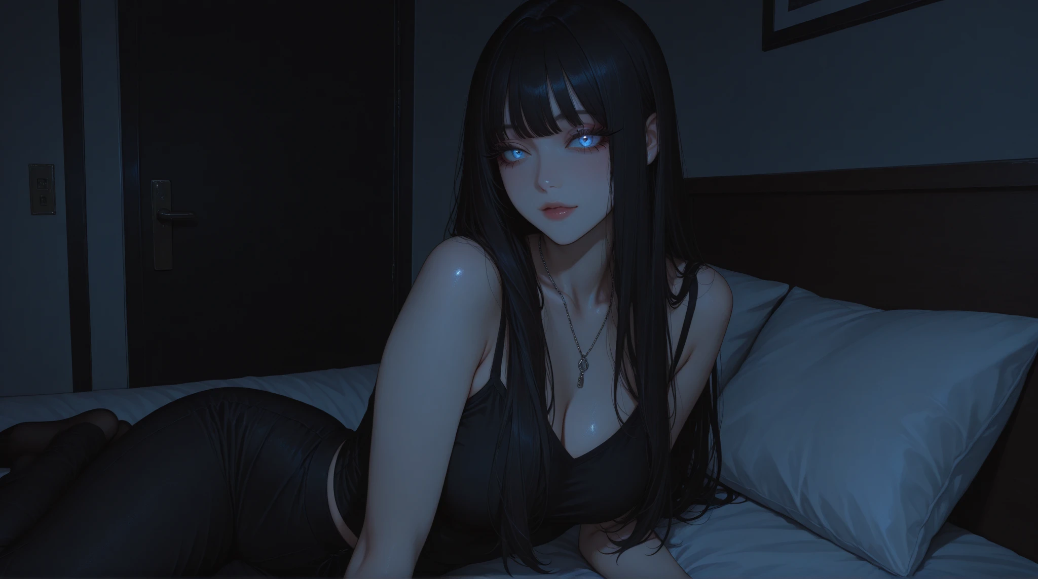 sexual girl, slutty, ugly man, multiple boys, gangbang, monster, horror, black hair, slender body, blue eyes, mascara, lying down, girl in bed with monsters