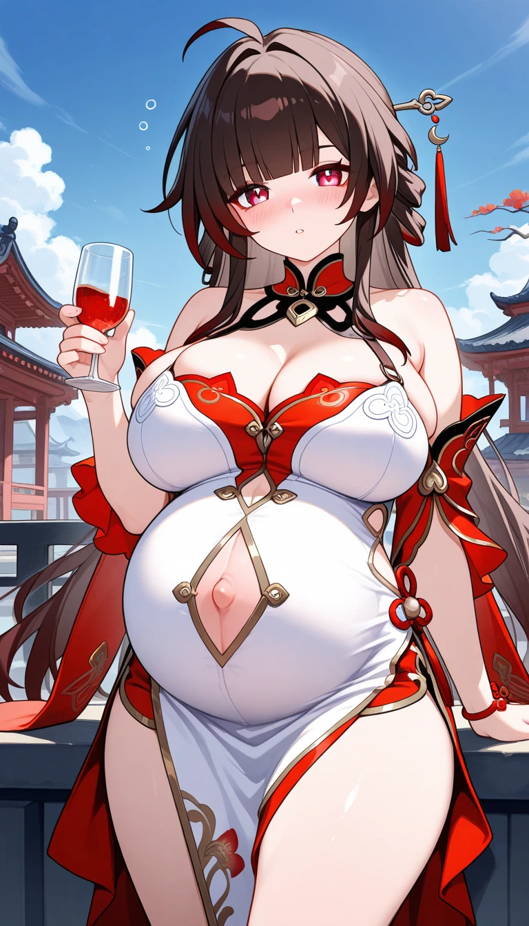 magazine cover of Redhead, sexy pose, big breasts, China dress, short hair, elf earns, witch hat
