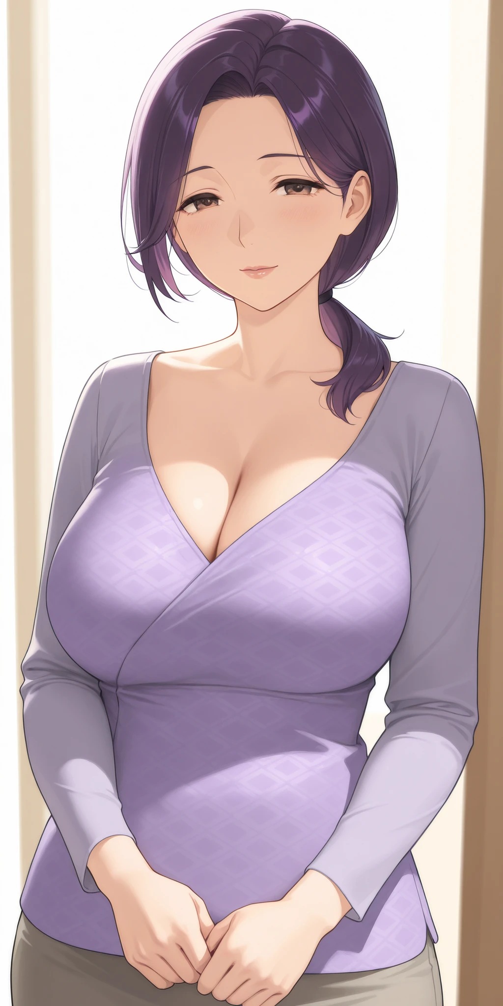 1 milf & 1 man, purple and slightly black hair, wearing a black tank top, cynical look, angry face, white background, erotic, full body, sex scene, butt, clothes off