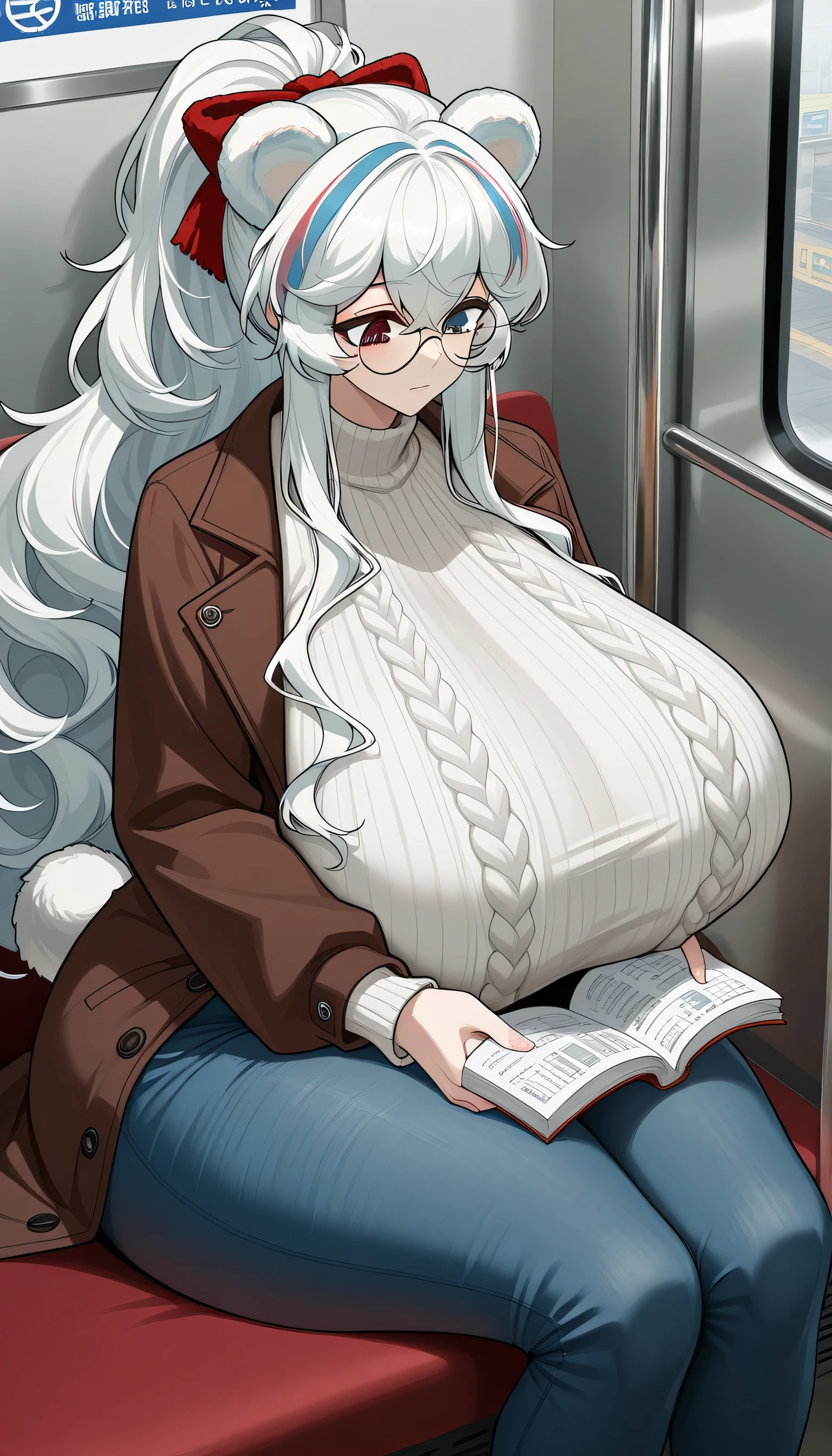 rosa_\(arknights\), heterochromia,red eye, blue eye,white hair ,streaked hair,bear ears,bear tail,long hair,wavy hair,ponytail ,curvy,wide hips, thick highs, huge butt, huge breasts, (gigantic breasts1:8), sagging breasts, white tight knit sweater, tight blue jeans, brown long jacket, round glasses, subway, sitting, reading,from above