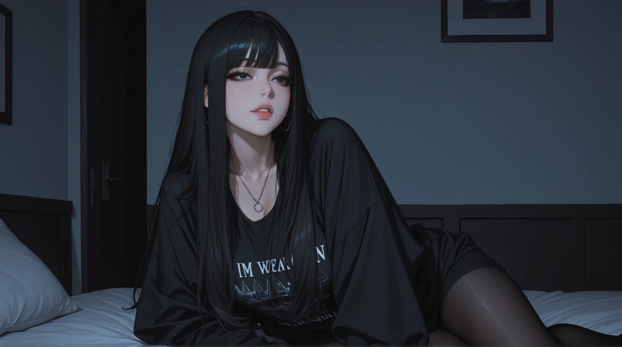 Photorealistic, high resolution, ultra high graphics, Black and white, amine girl, 1 girl, solo, long hair, perfect figure, attractive figure, beautiful, cute, lonely, captivate eyes, is sitting, inner, upper body, hoodie, looking down