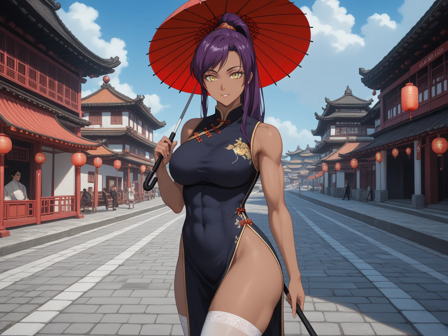 (((1girl, uyltr resolution, ultra-sharp, 8K, artwork, 25yo))), ((purple hair, very short hair, dark green eyes)), ((big breasts, strong arms ,muscular arms, muscular legs,strong legs, strong body, muscular female, Clear Skin)), wearing kimono,smiling, posing to picture, ((city background))