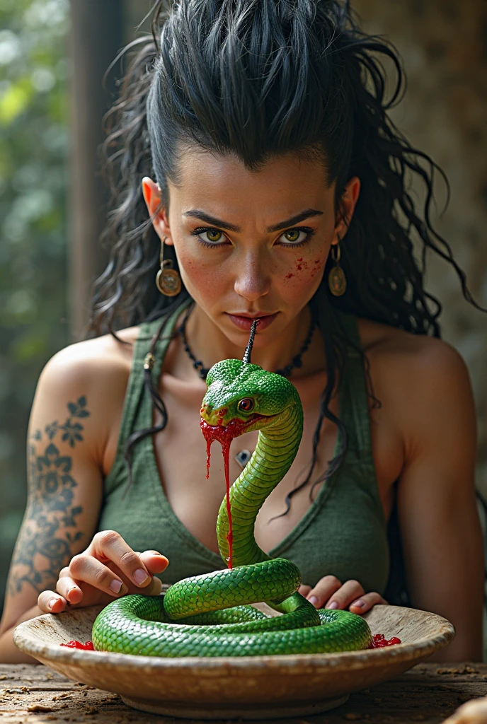 Aan and scorpion hybrid with green skin and black spots on arms, legs, torso,back, and scorpion tail