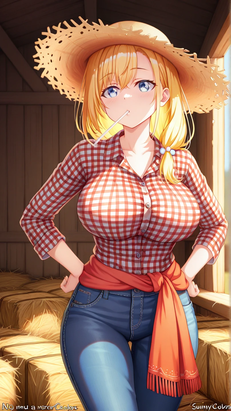 woman, sexy, large breast,farmer clothes, straw hat, cotton shirt, short jeans, double braid hair, blonde hair, smiling, exposed waist, white top, slender,