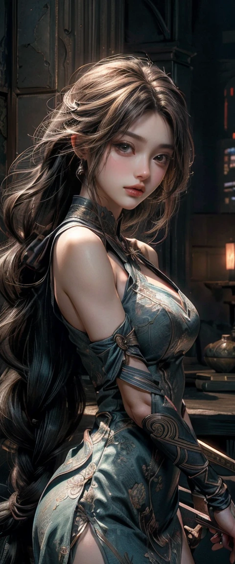 ((masterpiece,Highest image quality, High resolution, photorealistic, Raw photo, 8K)), Ultra Wide Angle,(soft make-up),(smile:1.5), Colored inner hair, Long gray hair:1.5, (Long unkempt hair:1.3), Complex hairstyles, complex eyes, Beautiful and delicate eyes, symmetric eye,(spider lower abdomen, Willow waist, athletic body build, beautiful legs, Detailed body), Cute big breasts,(dynamicposes:1.0), sharp focus, Embarrassing,(Located in the center, Scale to fit the dimensions, the rule of thirds), particularly eye-catching, during the night, star night, kosmos, artsy photography, Focus sharp, (realistic artwork),(extremely detailed's CG unified 8k wallpapers),((Synthetic wave background theme)),(((vibrant with colors))), intricate,(intricate background), It's a perfect face, Perfect facial detail, Realistic face, Dungeons & Dragons, A huge stone hall, A all view of a female warrior fighting a giant dragon that breathes fire,