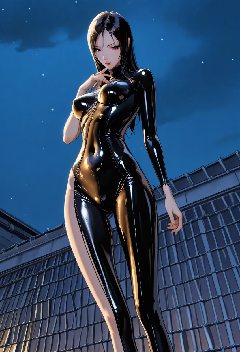 umiriyahata, looking at viewer, masterpiece, best quality, highres, 1girl, solo, superhero, leotard, bare legs, boots, matching boots, sleeveless, gloves, matching gloves, city backdrop, black leotard, standing, hands on hip, full body shot, glowing body