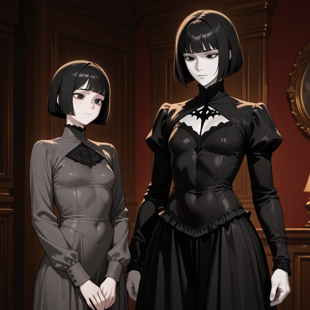 there are two women dressed in gothic costumes sitting on a stool, ska skeleton and girlfriend, in style the demon seated, imvu, dressed in crustpunk clothing, gothic harts, second life avatar, couple pose, demoness, grungy gothic, 2 b, 2b, dark and gothic, shaded, goth, dressed in punk clothing