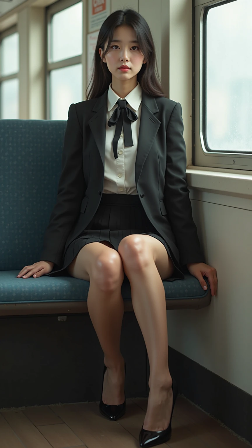 Arafe Asian woman wearing a tight skirt sitting on a train, Highest quality ultra-high resolution 8K photo of one girl , anger, ((whole body)), (long hair:1.1),whole body, Fox's eye, suit jacket, shirt, necklace, show panty, high heels, Yamanote Line, ((show panty)), Highly detailed face and skin texture, fine eyes, double eyelid, It looks like it was shot with old-fashioned 35mm film.、Attractive image with soft bokeh