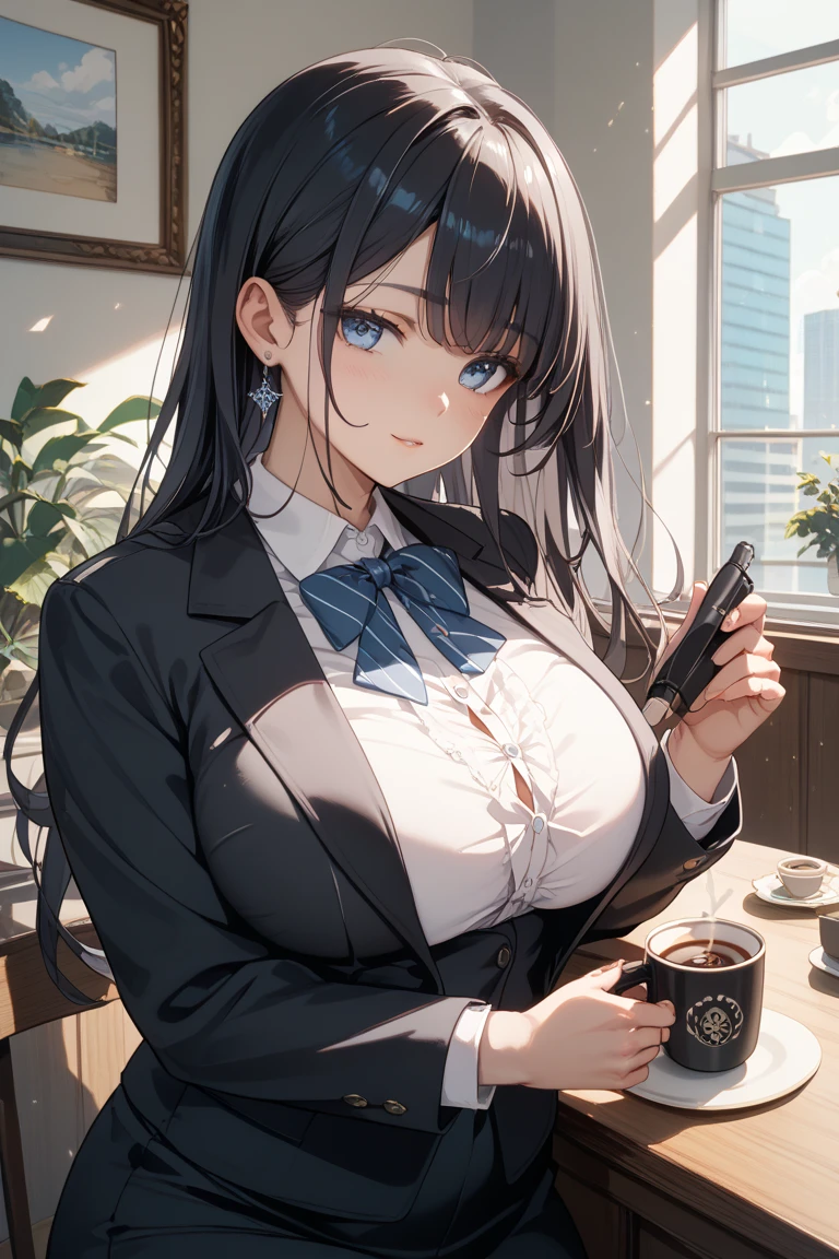 最high quality、best image quality、masterpiece、teenage girl((18-year-old、 By becoming、vest bust、medium bust,wide open breast tea、black eye, gray hair、long hair、thin,highest valley、Black Y-shirt、Black Recruit Suit,Have a document、face forward、sit on a chair、tired face、Using the computer、rest one&#39;s chin on one&#39;s chin、Dark circles in the eyes)),high quality、beautiful art、background((company office、Affairs machine、office chair、Laptop、Office at night))debris flies、Depth of written boundary、movie、visual art、perfect art、8K,genuine