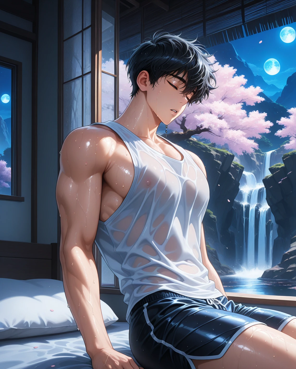 solo, MALE, sung jinwoo, parted lips, black hair, short hair, messy hair, closed eyes, athletic body, large pec, , handsome, sleeveless shirt, pull down shorts, sweating, wet of sweat, manly, sleeping sideways in bed, big window on the back, balkon, cherry blossoms, cliff, waterfall, lake, masterpiece, best quality, amazing quality, very aesthetic, absurdres, newest, summer scenery, blue moon