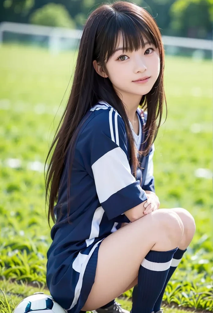 ((最high quality, 8K, masterpiece: 1.3)), (close:0.75), Realistic, Sharp focus, high quality, High resolution, Japanese women,Baby Face、16 year old girl、、Slim figure、No unevenness in the chest (White gym clothes、Wearing dark blue shorts),Juvenile atmosphere, ((Very strong sunlight)), smile, Medium-long black hair, Photographed while sitting on a park bench、