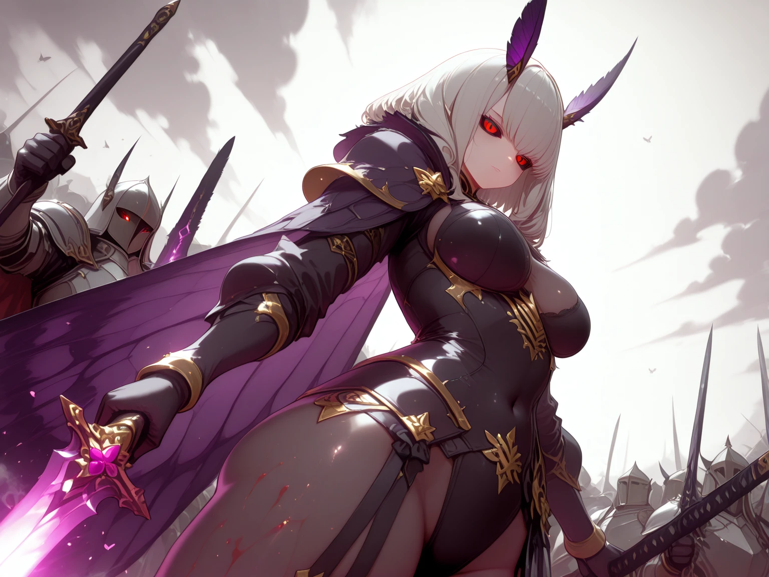 masterpiece, best quality, very aesthetic, absurdres, 1girl, mature_lady, ,1boy, tristan \(fate\), fate/grand order, long hair, red hair, closed eyes, blonde hair, armor, knights of the round table \(fate\), purple hair, short hair, cape, gloves,mole under mouth,Romanesque - Features thick walls, rounded arches, and massive pillars.,floating_clothes