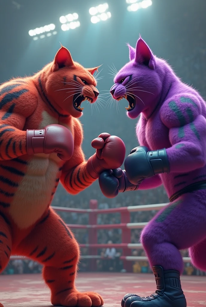 "Generate a hyper-realistic, ultra-detailed 4k/Bk image of a muscular red cat in red boxing gear standing with a muscular purple cow in blue boxing gear. They are standing proudly on a boxing stage, screaming at each other with energy lightning wound striking between them. The crowd cheers enthusiastically in the background"