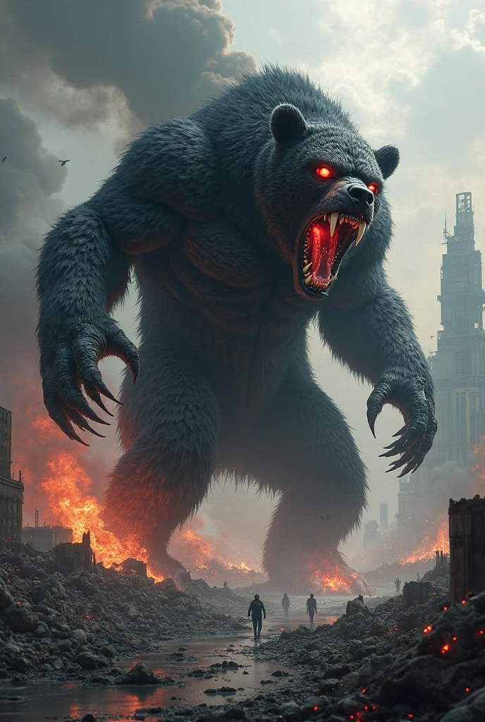 draw russia if he was a scary monster. super realistic style. cinematic style. moscow street background. flag of russia