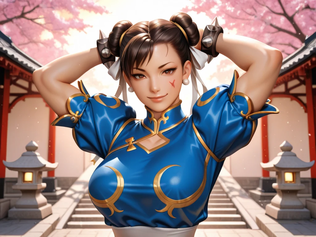 RAW photos,tmasterpiece,(extreme hight detail),(8k),((Street Fighter character Chun Li)),((Street Fighter character Chun Li classic costume)),((Street Fighter character Chun Li classic hairstyle)),1girl,anatomy correct,Correct body proportions,Blow on breakable skin,Ultimate facial details,beautiful breasts,pubic hair