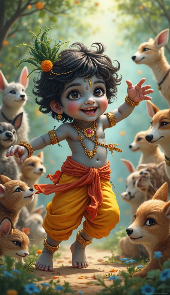 Little Krishna playing with cute doggie 