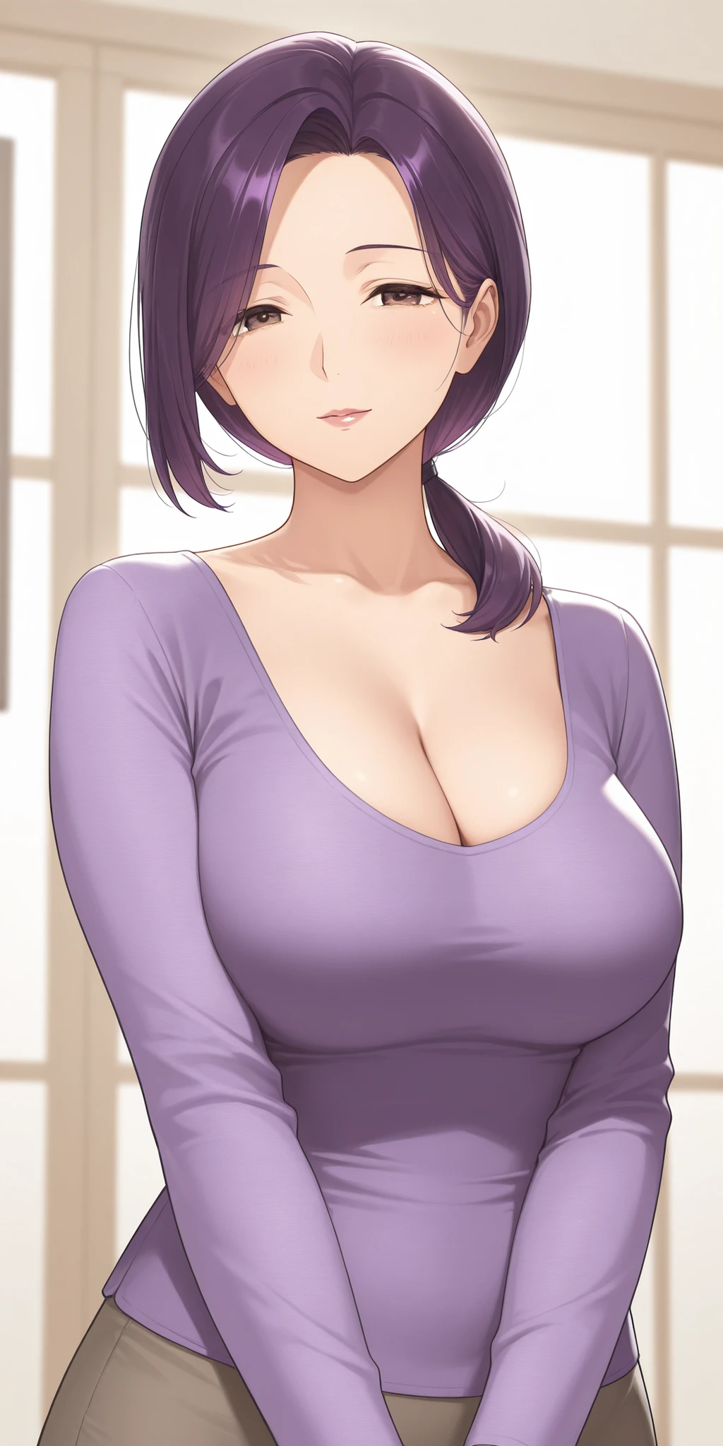 front、Character portrait、Ultra-detailed illustrations、Ultra-precise expression、masterpiece、Highest quality、ultra High resolution、High resolution、Hiromitsu Takeda Style、White background、Simple Background、One Woman、solo、Black purple hair、long hair、Show your forehead、Low side ponytail、Large Breasts、Voluptuous、Purple shirt、Black Skirt、Aunt、