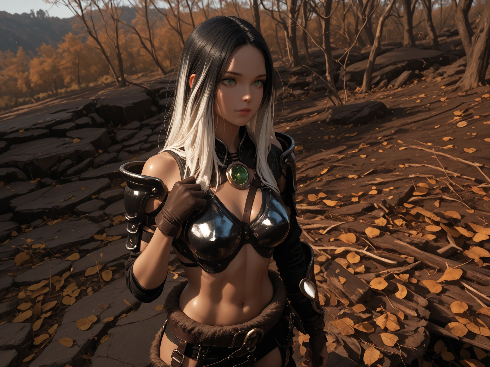 lily_entomach, solo, 1girl, viking_helmet, bikini, dark skinned female, green hair, helmet over eyes, cowboy shot, outdoors, grass,