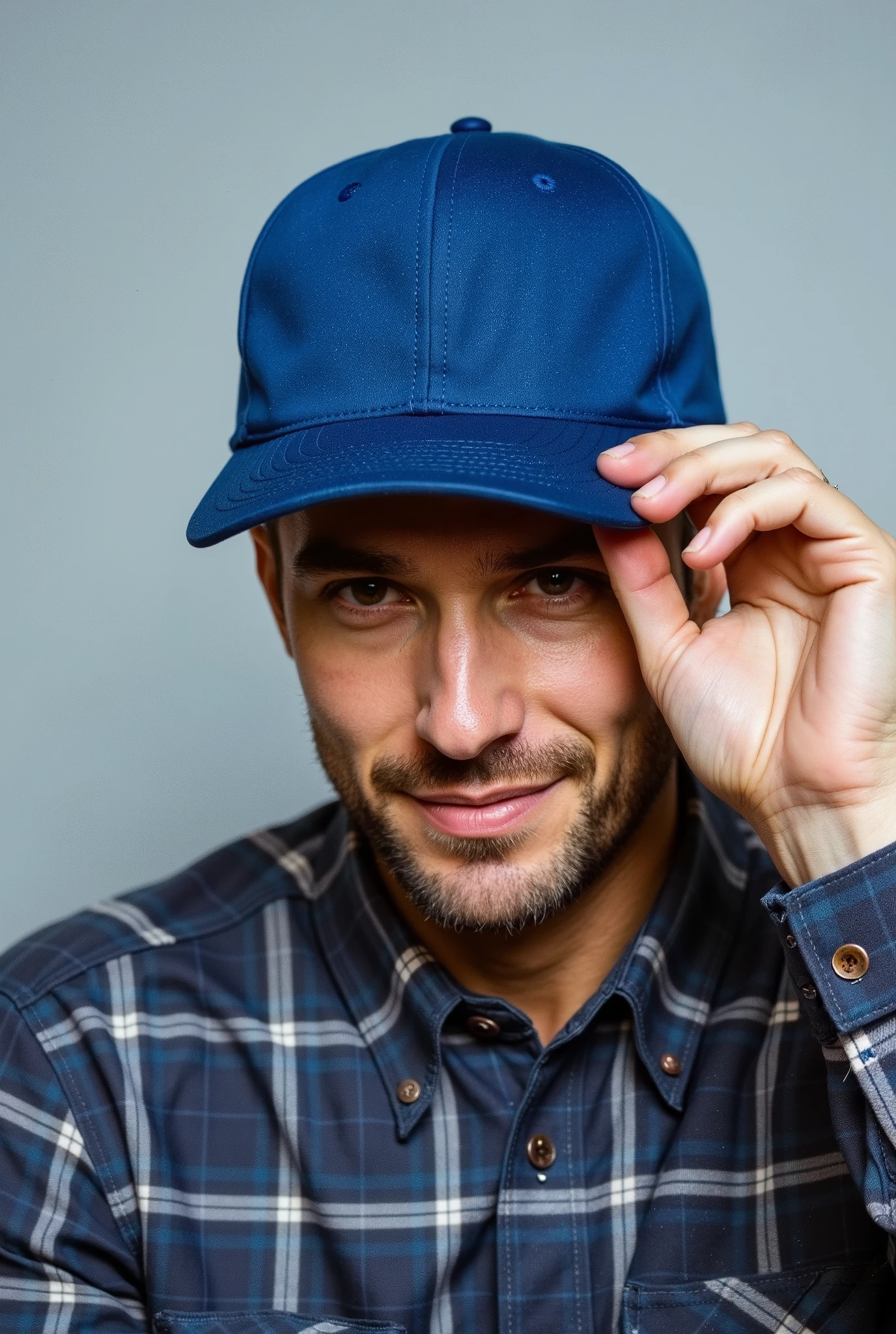 Close-up of a man wearing a simple blue cap and a plaid shirt, tilting the head slightly downward, while holding the cap brim with one hand. The background is simple and light gray . Your expression is relaxed and subtle, and his face is partially obscured by the cap. The image has clean lighting, similar to that of a studio, and a casual style, realistic photo, advertising photo, advertisement image, photo in perspective, Bright colored hole, Photo by Lewis Baltz