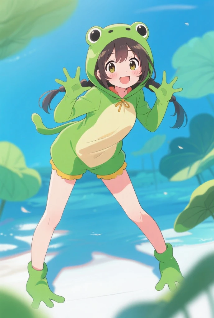 Draconic girl, brown hair, spiky hair, long dreadlocks ponytail, anime style, medium breasts, blue eyes, white jacket, open clothes, green draconic wings, high quality, detailed body, detailed eyes, detailed face, masterpiece, glistening body, best quality, skinny, :D, beach, clear Sky, anthro, dragon, lime body, lime scales, triangle bikini, tail, white horns,
