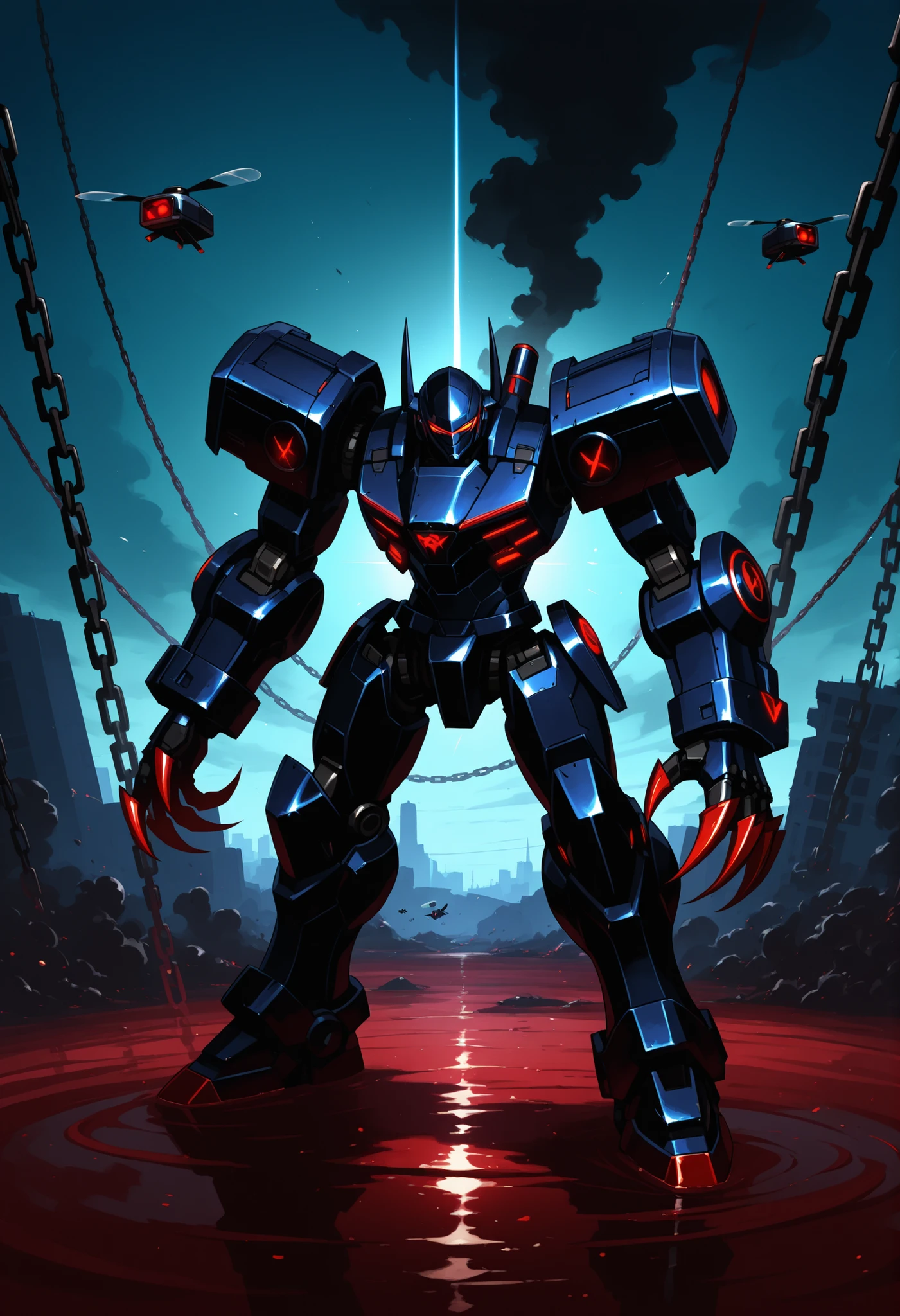 demon, alot of blood going around the place, Chain with darkness, Black smoke, black cool cyborg slim body fast armour, small drone flying around the armour, deadly double claws armour weapon, sci-fi looking armour. Speed thin but fast armour, thin, fastest