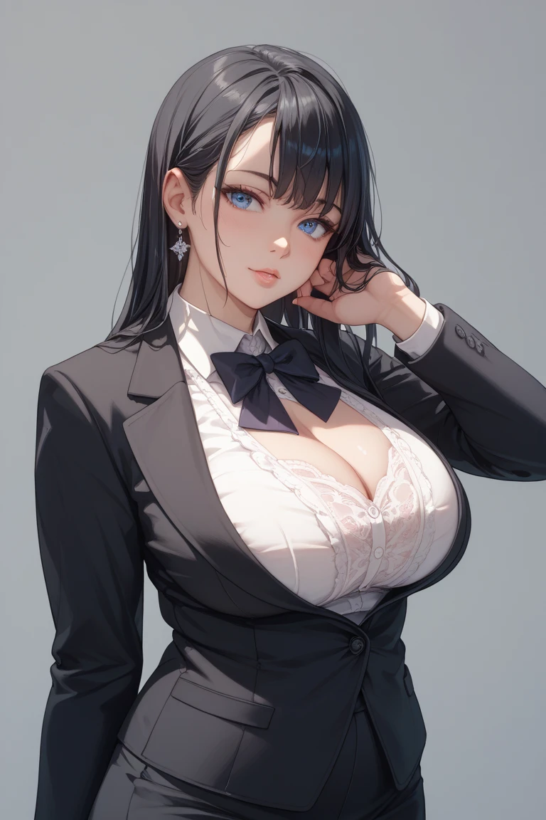 Masterpiece, best quality, beautiful girl, beautiful face, suit, jacket, wet skin, sweat, big breasts, cleavage,
