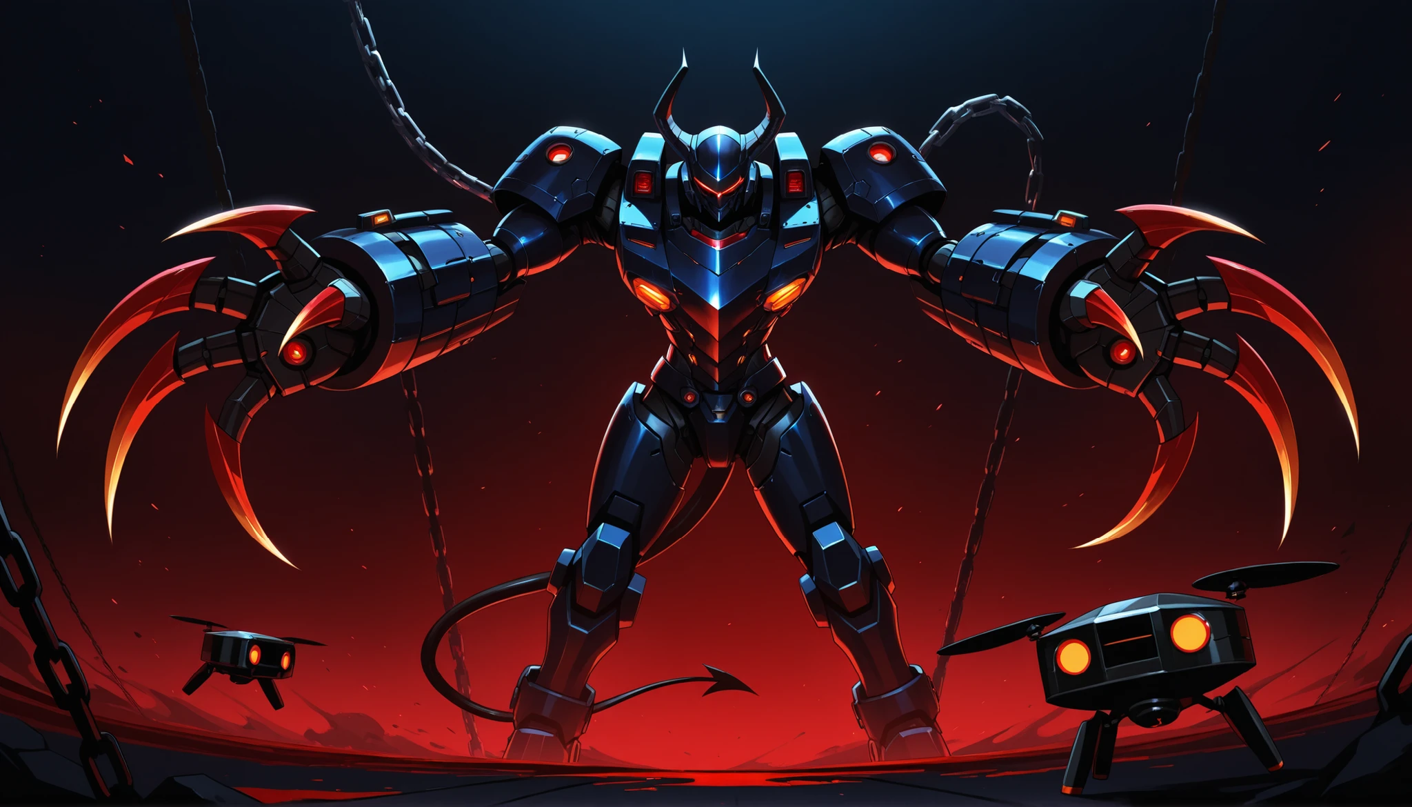 demon, alot of blood going around the place, Chain with darkness, Black smoke, black cool cyborg slim body fast armour, small drone flying around the armour, deadly double claws armour weapon, sci-fi looking armour. Speed thin but fast armour, thin, fastest