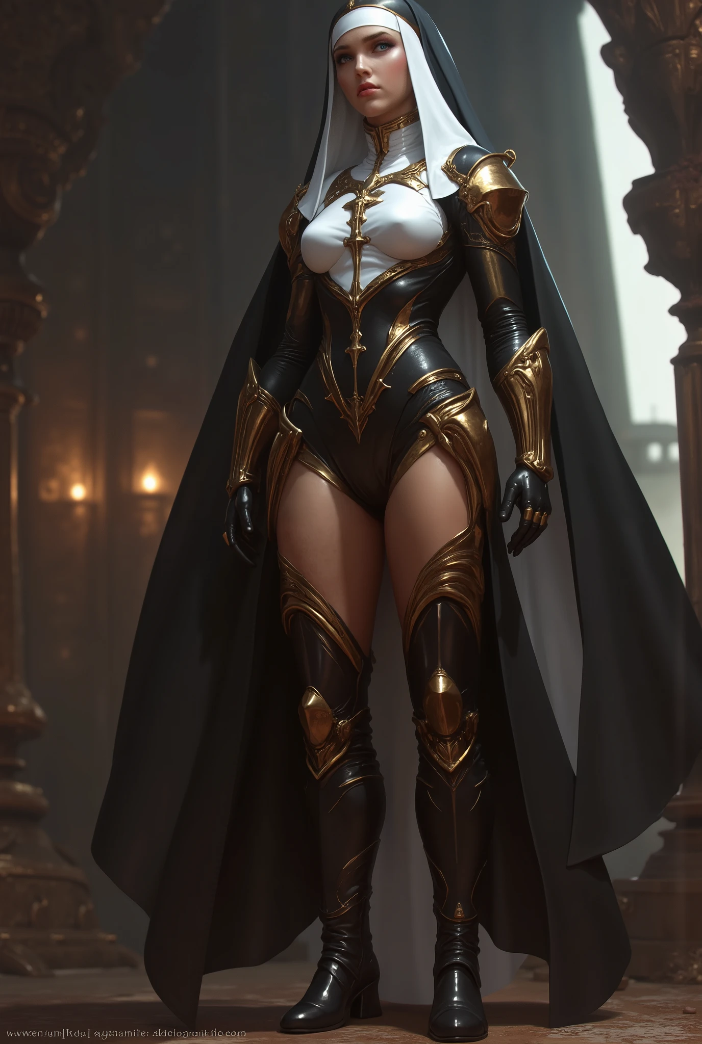 photo real. steampunk nun, with dark brown thigh high boots with 12 inch heels. looking to the side