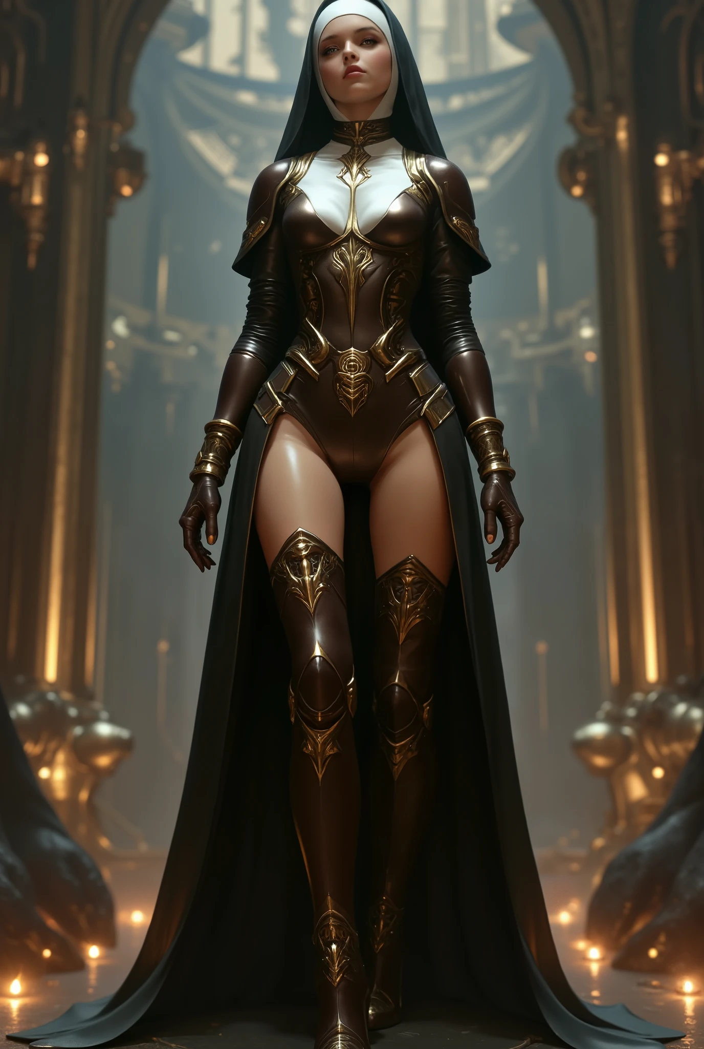 photo real. steampunk nun, with dark brown thigh high boots with 12 inch heels. looking to the side