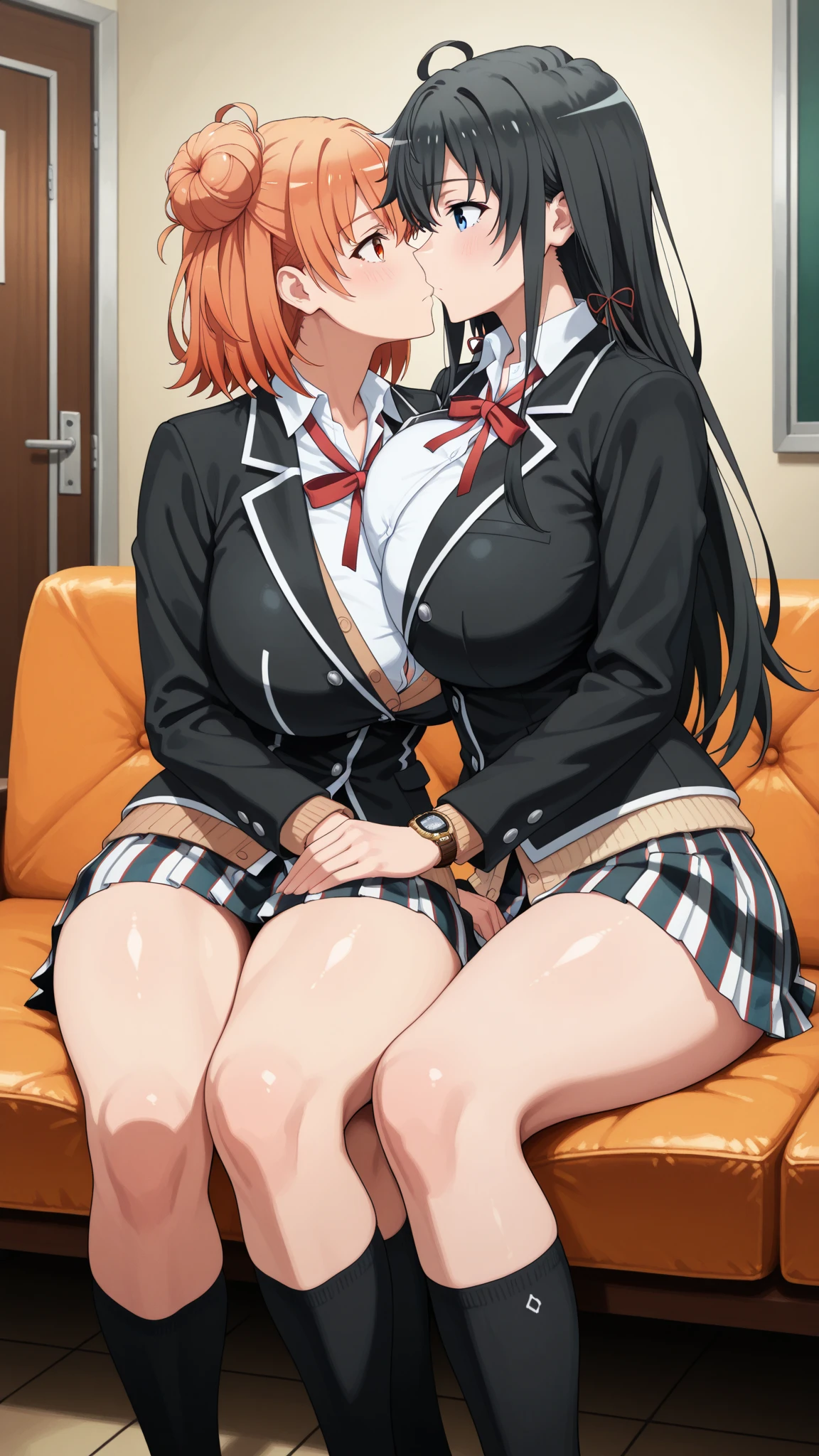 score_9, score_8_up, score_7_up,rating_explicit, aax,very aesthetic,indoors,highschool,classroom,intersex\intersex,cowboy shot,BREAK 2girls,futanari,intersex,dick girl,retro artstyle, standing, futanari masturbation,kissing,french kiss,saliva trail, ((rubbing penis each other)),looking at another,highly detailed face,beautiful eyes,(gigantic breasts:1.2),reverse bunnysuit,fake rabbit ears,exposed breasts,nipples,long sleeves,animal choker with chain,groin,torn pantyhose, BREAK [large penis:(triple penises,Quadruple penises,extra penises:1.25):6],daze,orgasm,half-closed eyes,unfocused eyes,(open mouth),tongue out,saliva,BREAK (mira kagami,purple hair,wavy hair,forehead),BREAK (Yuuko Asahina,red hair), cinematic lighting,from above,zPDXLxxx, best quality,absurdres,intricate details,official art, 