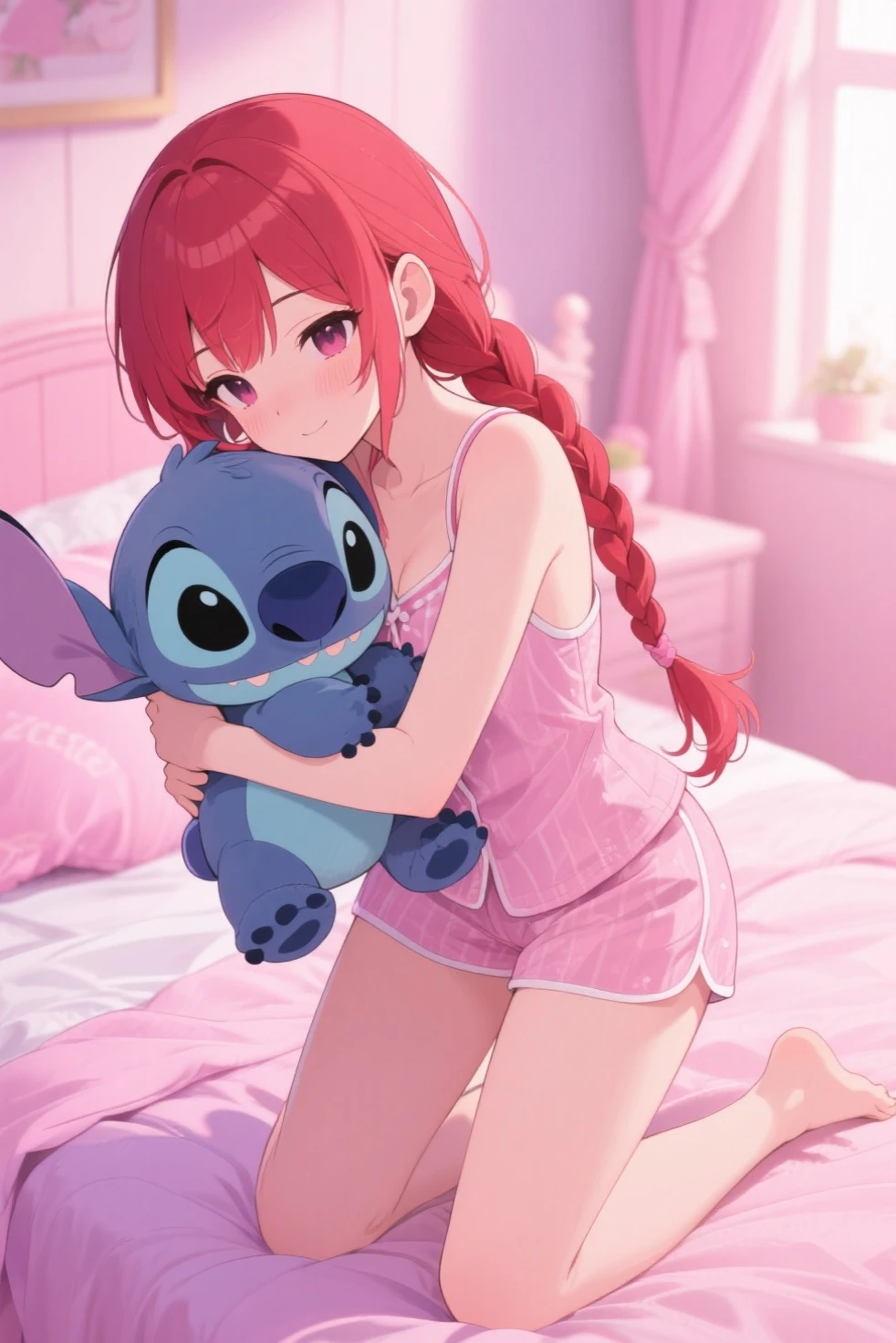 animated style，1 human girl，sexy pose looking into the camera ，thick thighedium tits, wavy fur , Brown eyes, puppy pajamas with a stuffed dragon called toothless from how to train your grade 