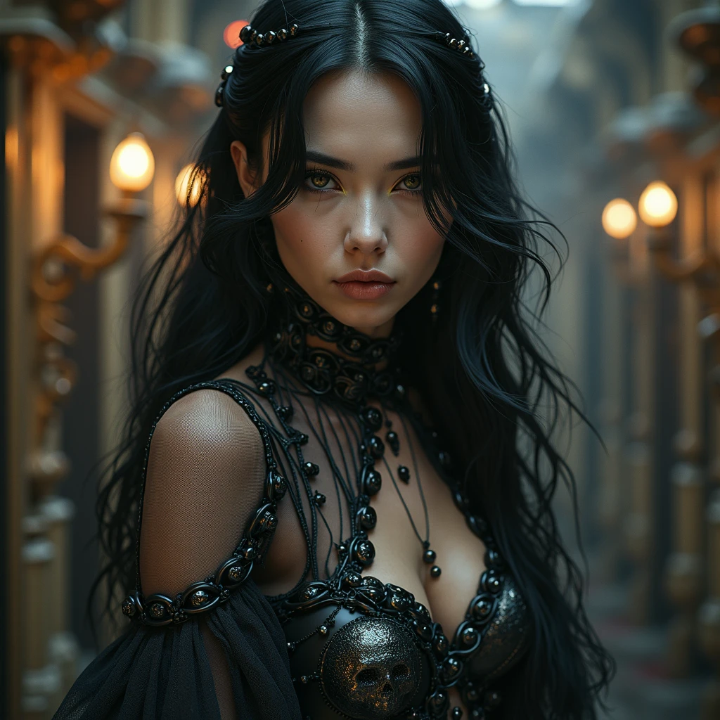A woman with a dagger in her hand. She wears ornate, dark armor adorned with fur-lined shoulders, very small crown. Her expression is commanding, yellow eyes, flowing black hair, gotic castle background, medium and squishy breast, thin waist, blush