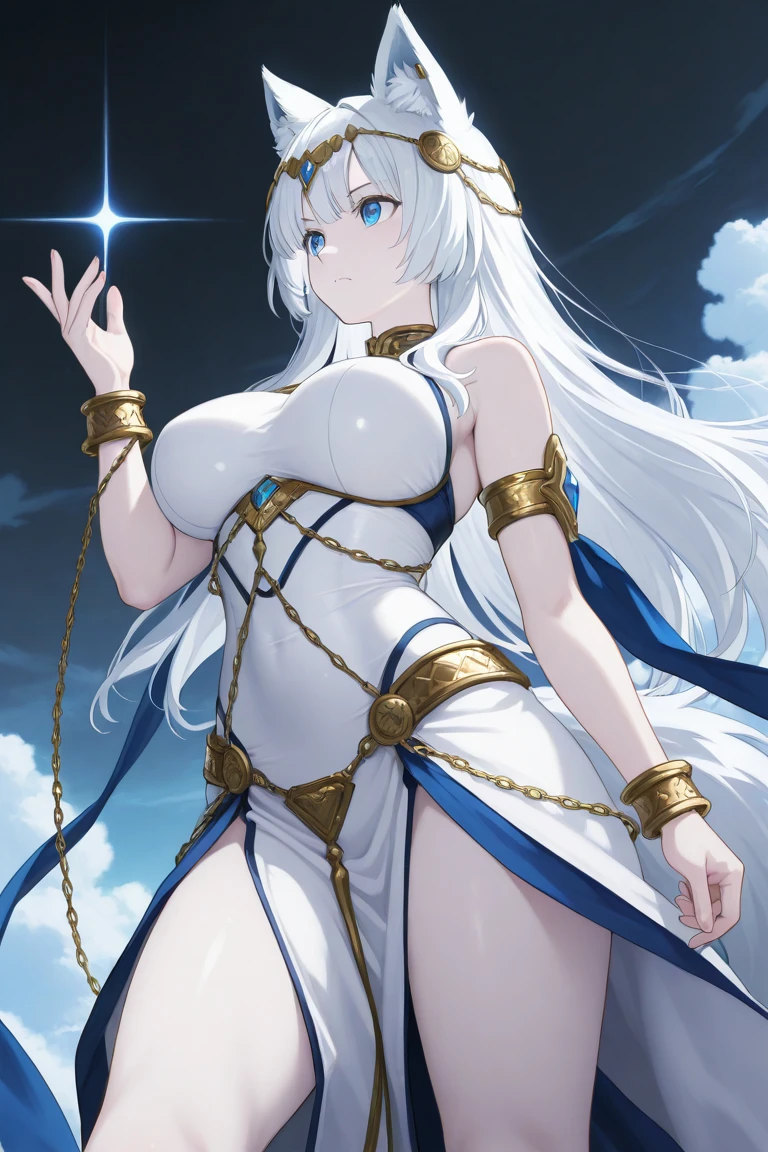 perfect eyes:1.2, detailed eyes:1.4, SoulCaliburSophitia, blue eyes, blonde hair, large breasts, hair ornament, smile, covered nipples, transparent clothes, white dress, long hair, pussy, braided ponytail, 1girl, solo, (masterpiece:1.6, best quality), 8k, insane details, intricate details, hyperdetailed, hyper quality, high detail, ultra detailed, professional, HDR, ray tracing reflection, cinematic lighting,