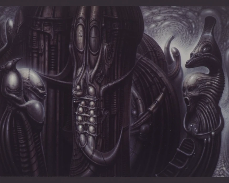 The image is a detailed view of H.R. Giger's biomechanical tableau \" Landscape XVI \" plate, featuring.
(airbrush painting, Giger's alien in front of broken alien ship in landscape, natural light, sharp focus, illustration, highly detailed, digital painting, concept art, matte, art by gric and kozhanov and moebius and Alphonse Mucha, masterpiece, HDR ,UHD , uplight, in HRGigerArhP style);1.
surrealistic painting of a monster with multiple tentacles and a body that looks like a brain, surrounded by a chaotic scene of swirling clouds and other monsters
It's a complex network of bones and organs in eldritch color scheme:a greenish-brown hue ,swirling gery and brown colors. The artwork is silverish and green brown, with an ivory bones prominently displayed. The image is highly detailed and intricate, almost like a 3d version of a medical sketchwork.
The piece is a tableau, most likely created with a India ink pen or pencil on paper, determined by the thin lines, shading techniques, and the texture of the paper, which is visible around the edges.
Used is pen, given the shading and variations in line weight visible in the image. Artist have used a variety of stylus with different degrees of hardness to achieve the shading effects.
The use of undersaturated green-grays dark contrasts creates a stark and graphic look. Is used a variety of linework techniques to create different textures. Fine, parallel lines create a smooth, metallic texture,while thicker, more cursive lines suggest cables or wires.
Light source from the top highlights skeletals, pper part of foreground, lower part of image is in shadowupper part of foreground, lower part of image is in shadow.
The art performance showcases the artist’s skills in observation and rendering. The level of detail in the piece suggests a close study of real bone specimens and mechanics. The artist has skillfully used shading techniques to create a convincing illusion of three-dimensionality on a flat surface. The wrinkles
