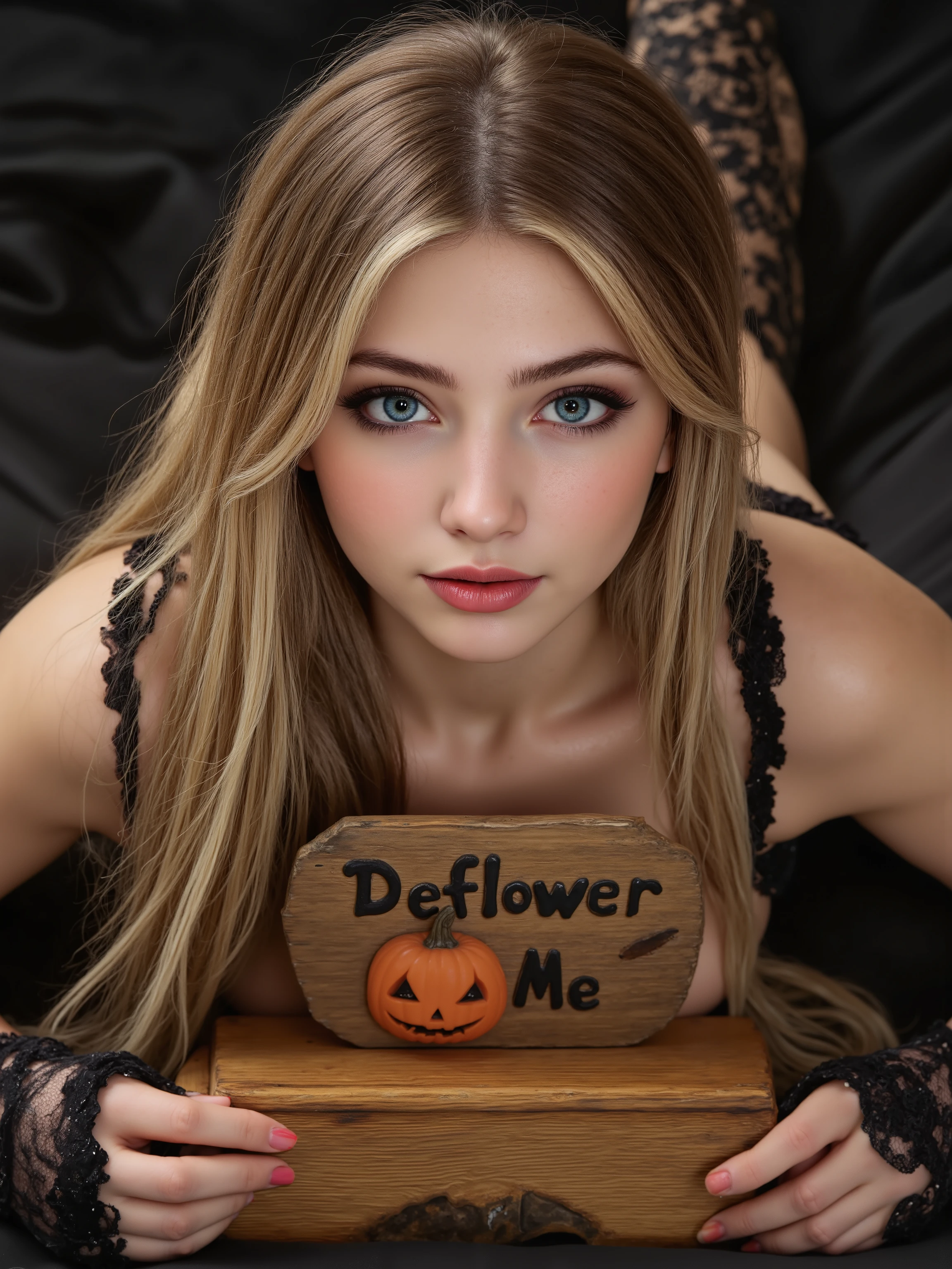 Full Body picture with legs and feet, 8k, cold lighting, ((halloween themed)), ((view from above, zoomed out)), innocent girl lying on bed, (long wavy blonde curly hair with orange highlights), pale skin, Beautifull detailed blue eyes, red shiny lips, parted lips, (perect body), (waist 1:5), ((body height: 1,60cm)), no clothes, low waist panties, wearing frilly stockings with straps, gloves, highly detailed dynamic lighting, photorealistic, ribbons in her hair, ponytail, (Wooden sign with text: "Deflower Me"), Pumpkin,