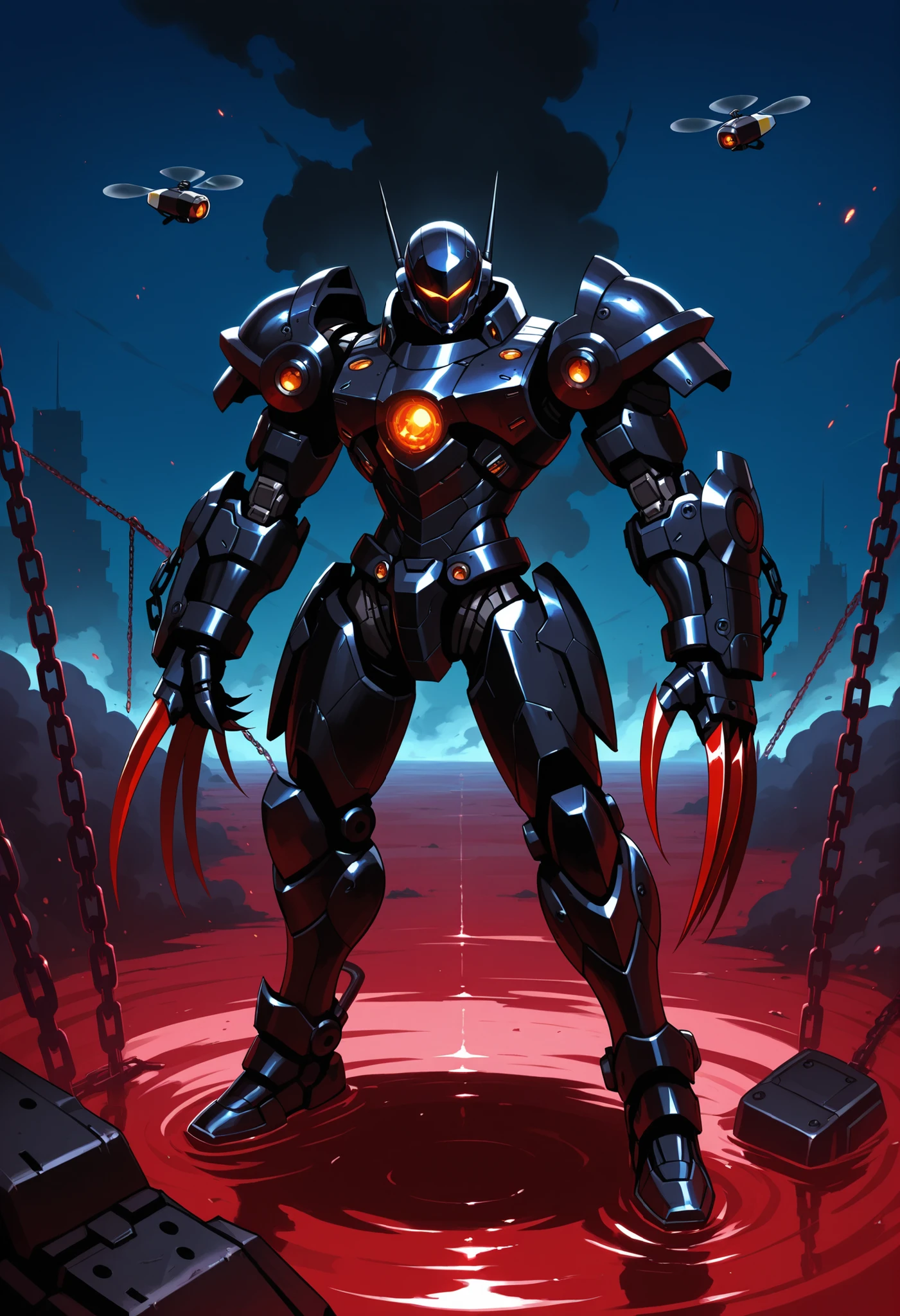 demon, alot of blood going around the place, Chain with darkness, Black smoke, black cool cyborg slim body fast armour, small drone flying around the armour, deadly double claws armour weapon, sci-fi looking armour. Speed thin but fast armour, thin, fastest