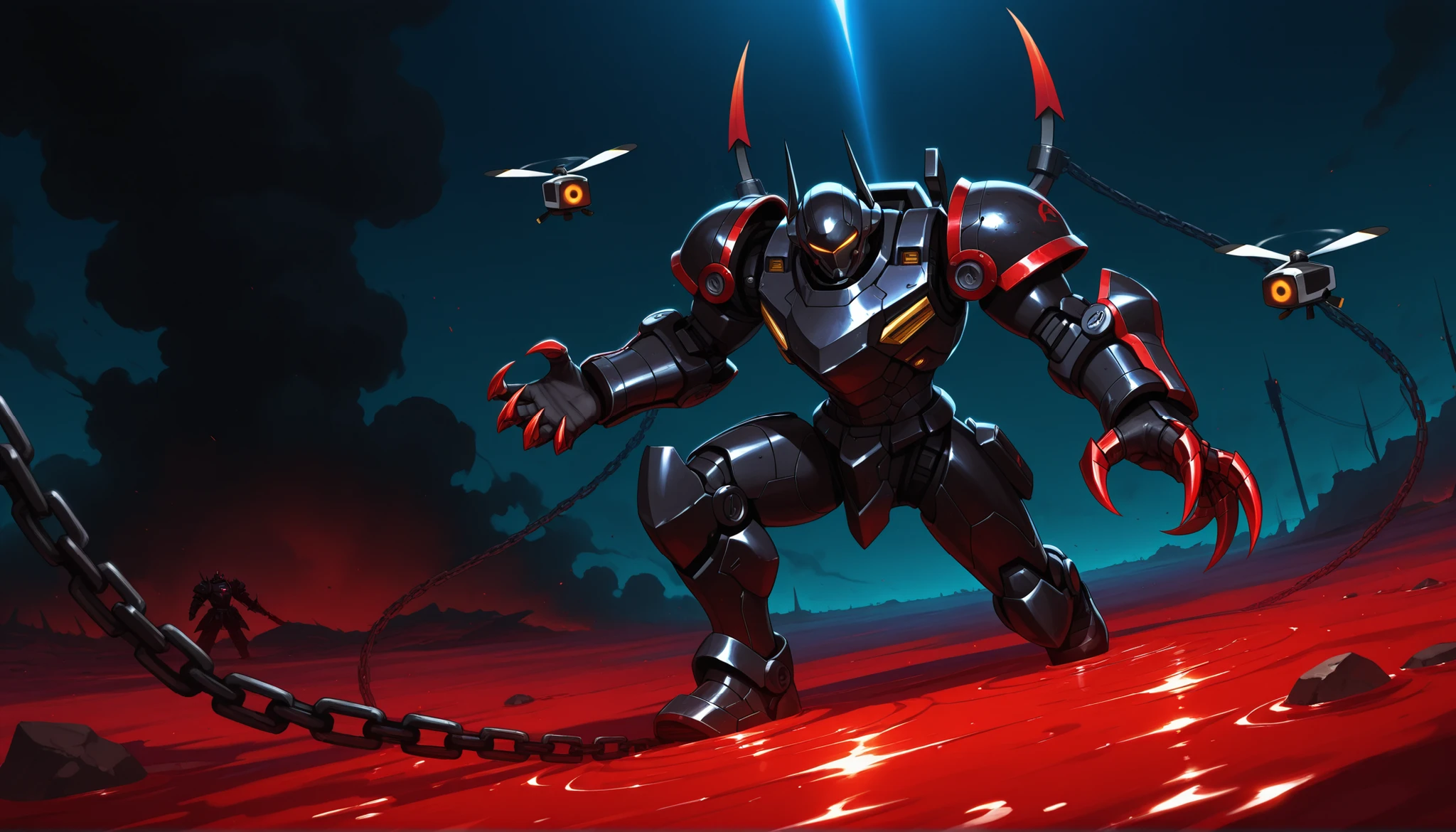 demon, alot of blood going around the place, Chain with darkness, Black smoke, black cool cyborg slim body fast armour, small drone flying around the armour, deadly double claws armour weapon, sci-fi looking armour. Speed thin but fast armour, thin, fastest