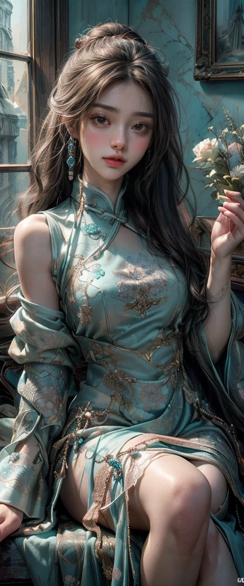 (masterpiece), (extremely intricate:1.3), (realistic), portrait of a muscular girl, ((((detailed woman, ((blackout gothic eye makeup, red lips, strong square cleft chin, arrogant, [flat chest:medium breasts:0.8]), long wavy [blonde hair:dark hair:0.2], (((bright blue gold chinoiserie evening gown))))))), freckles:1.0, professional lighting, photon mapping, radiosity, physically based rendering, ultra resolution, hyper-realistic), metal reflections, upper body, outdoors, intense sunlight, far away castle, professional photograph of a stunning woman detailed, sharp focus, dramatic, award winning, cinematic lighting, volumetrics dtx, (film grain, blurry background, blurry foreground, bokeh, depth of field, sunset, interaction, photorealistic:1.4), 8K